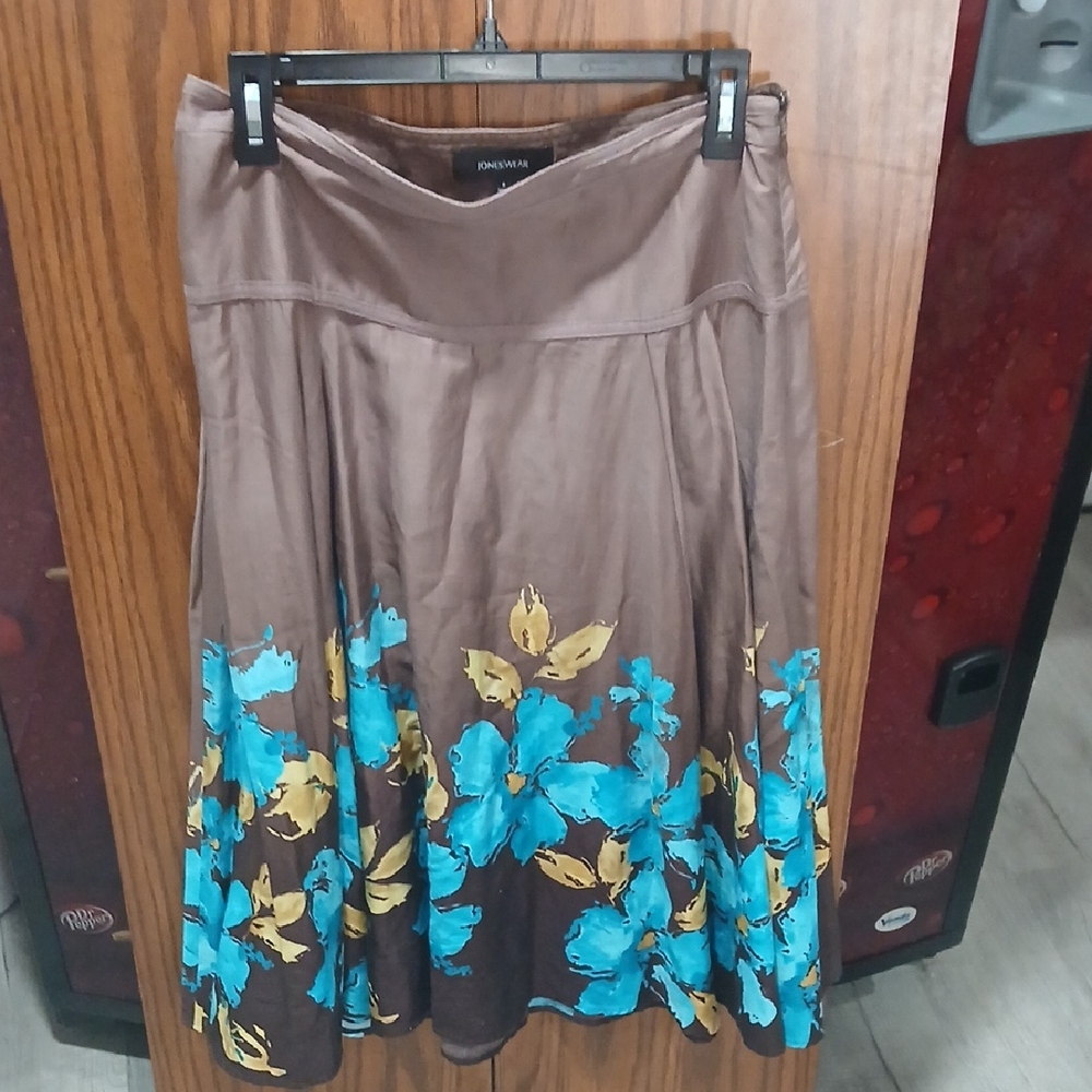 Jones Wear Brown Skirt with Blue and Yellow Floral Pattern